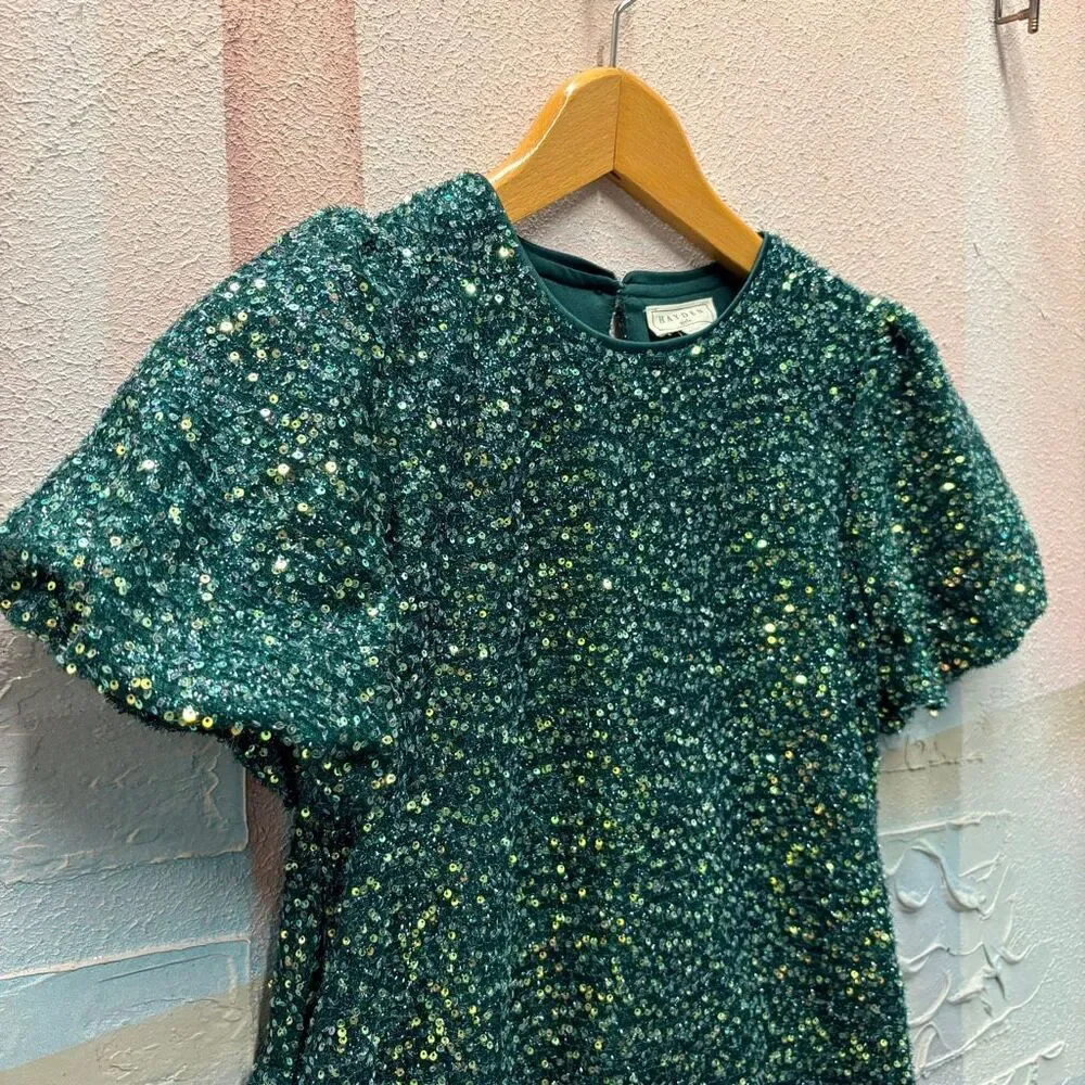 Hayden Girls L Green Sequin Puff Sleeve Dress Christmas Holiday Glam Preppy Chic